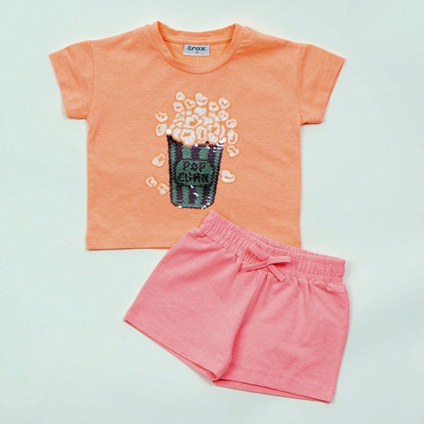 Σετ κοντό παντελονάκι - κοντομάνικο μπλουζάκι με παγιέτα, πορτοκαλί νέον - ροζ νέον